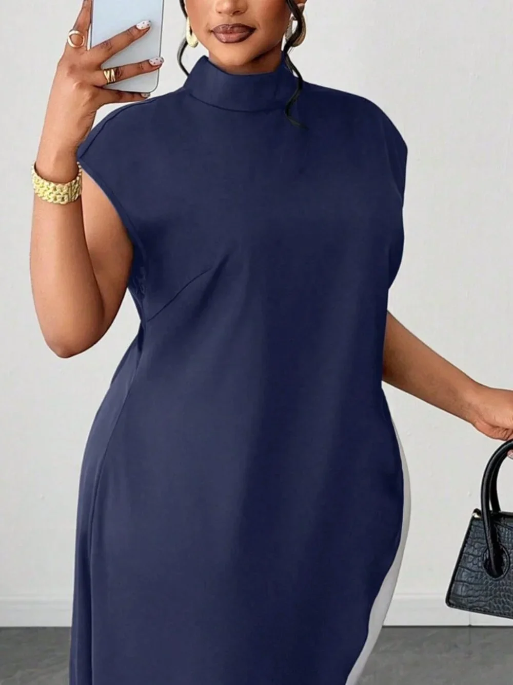 Navy Blue Casual Women's Plus Size Stand Collar Long Shirt